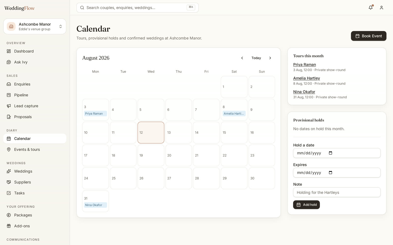 The Wedding Flow diary showing show-rounds and weddings across the month