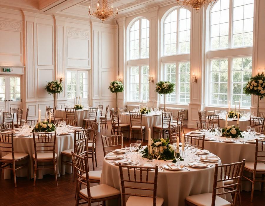 A wedding reception room dressed for the day