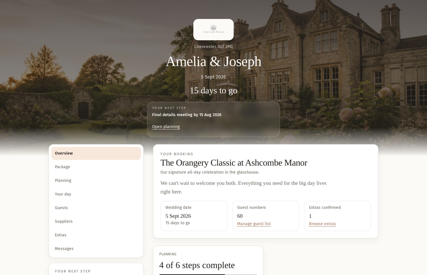 A couple's wedding planning hub in Wedding Flow