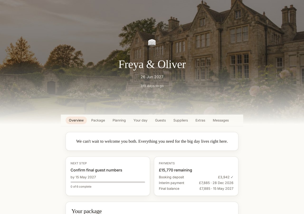 The couple Wedding Hub showing countdown, next step, payments and package details